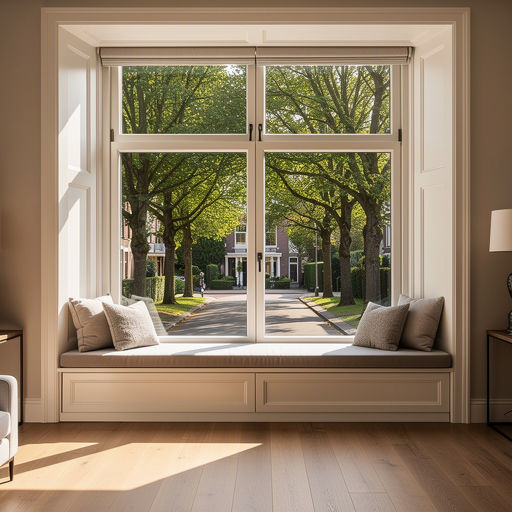 Interieur van een villa in Benoordenhout Den Haag, met uitzicht door kunststof kozijnen op een groene laan