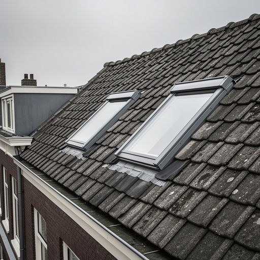 Monteur plaatst een kunststof dakraam op een schuin dak in Den Haag